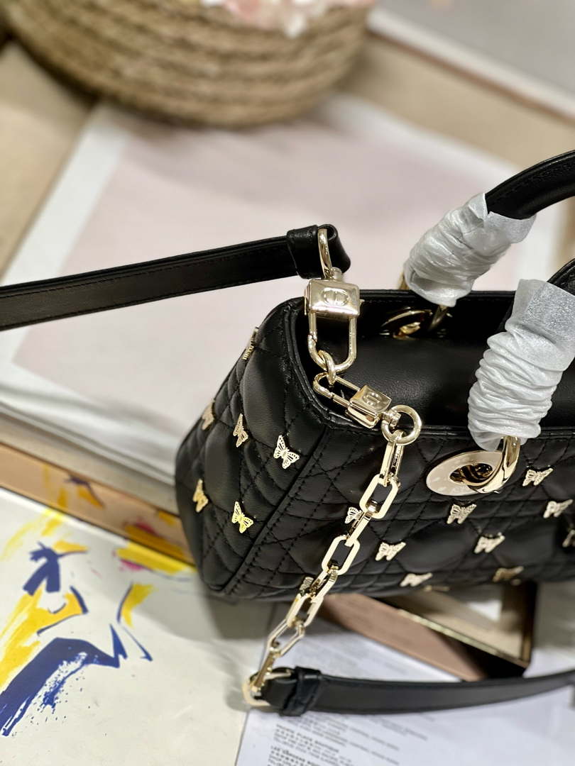 Dior M0613 Small Lady D-joy Bag Black Cannage Lambskin with Gold-Finish Butterfly Studs