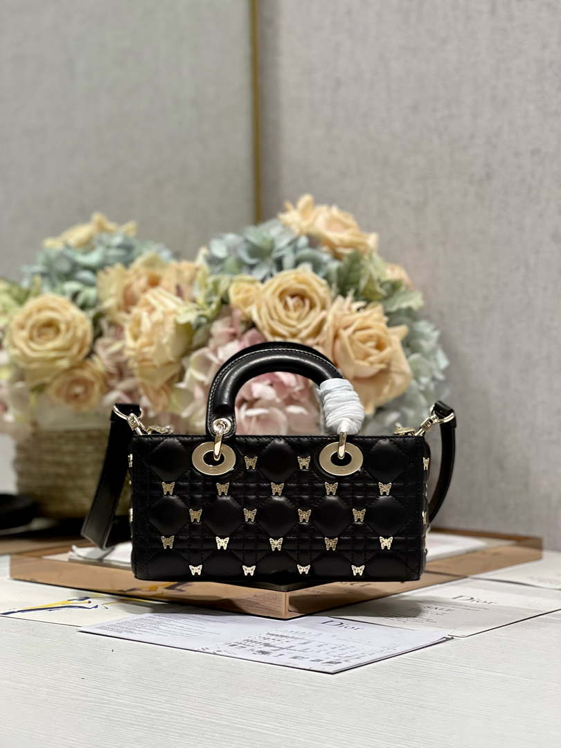 Dior M0613 Small Lady D-joy Bag Black Cannage Lambskin with Gold-Finish Butterfly Studs
