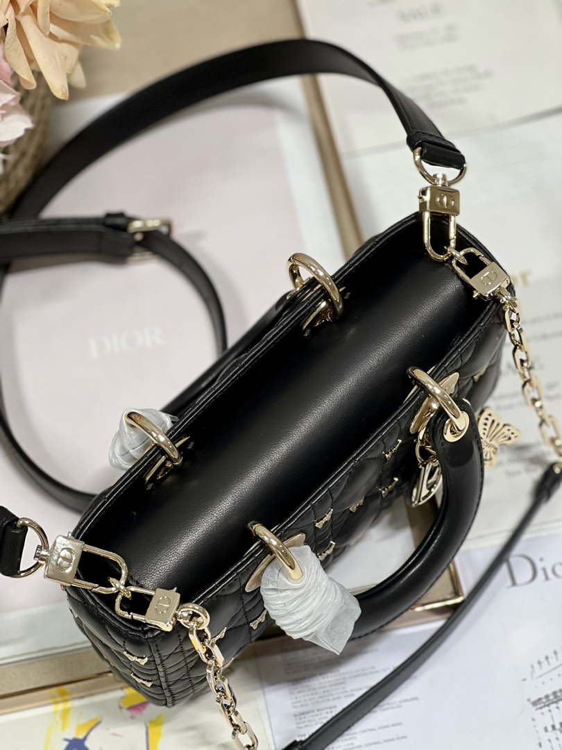 Dior M0613 Small Lady D-joy Bag Black Cannage Lambskin with Gold-Finish Butterfly Studs