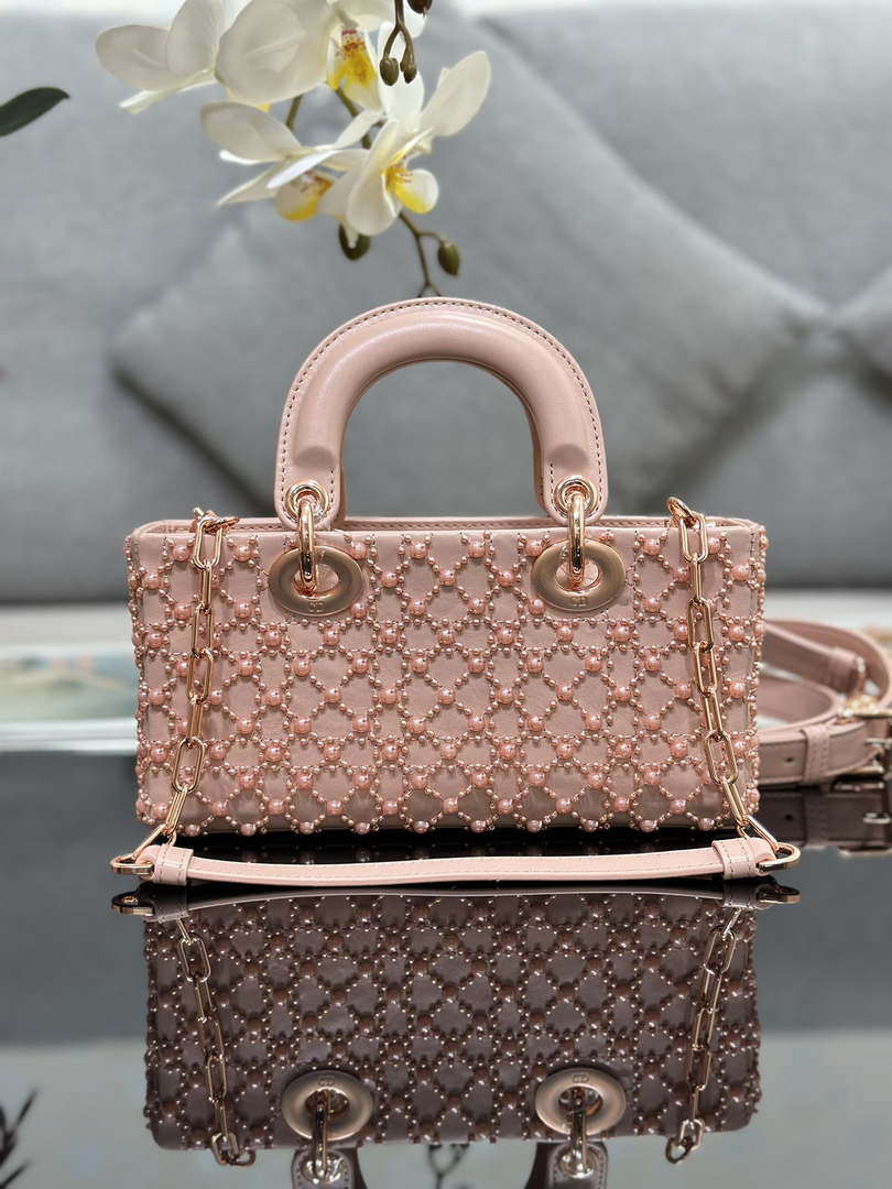 Dior M0613 Small Lady D-joy Bag Blue Cannage Lambskin Embroidered half pearl rose gold - Default Title - View 2