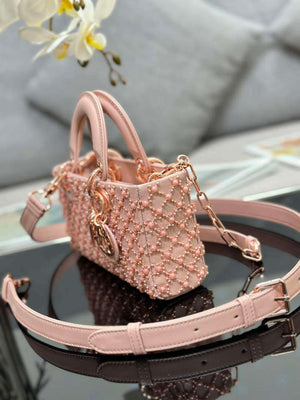 Dior M0613 Small Lady D-joy Bag Blue Cannage Lambskin Embroidered half pearl rose gold - Default Title - View 3