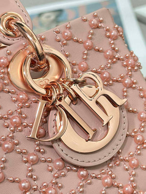 Dior M0613 Small Lady D-joy Bag Blue Cannage Lambskin Embroidered half pearl rose gold - Default Title - View 6
