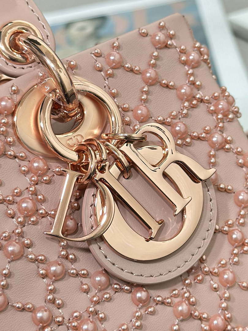 Dior M0613 Small Lady D-joy Bag Blue Cannage Lambskin Embroidered half pearl rose gold - Default Title - View 6