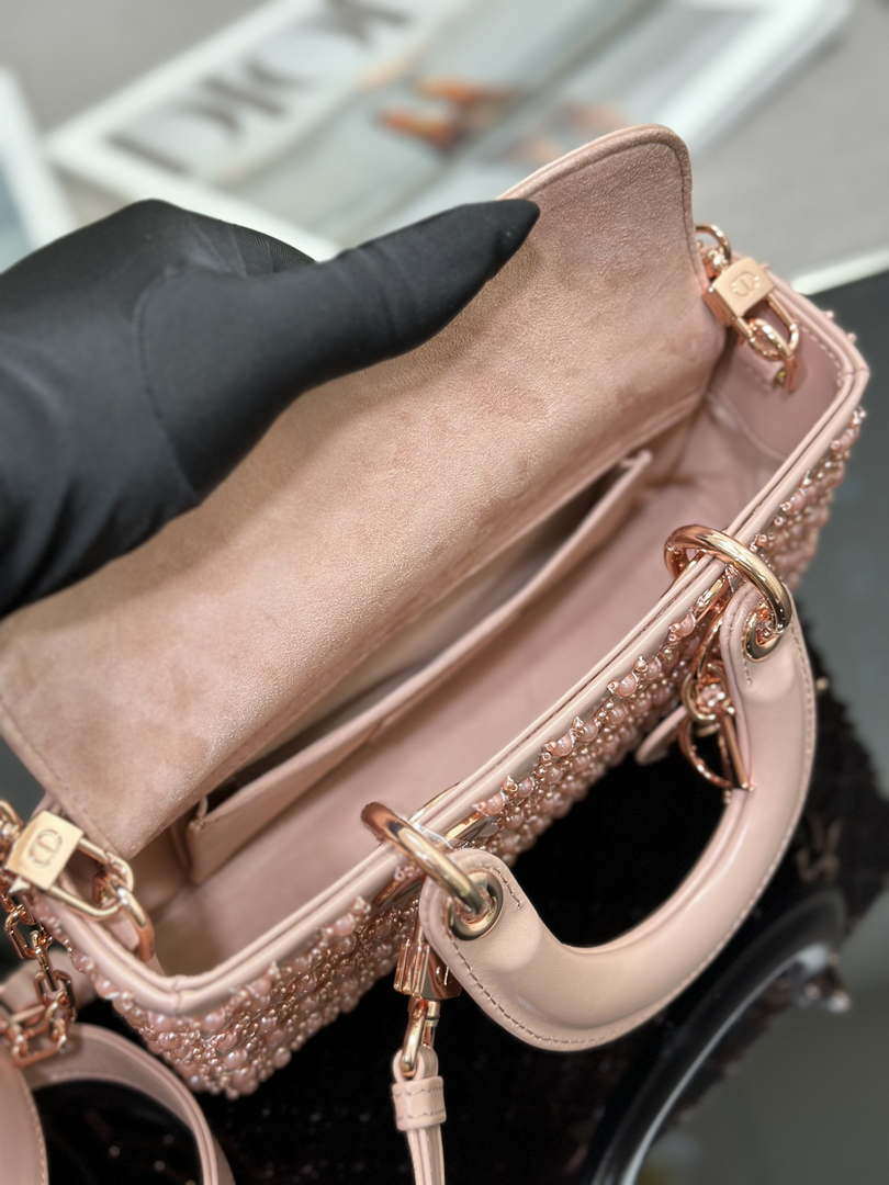 Dior M0613 Small Lady D-joy Bag Blue Cannage Lambskin Embroidered half pearl rose gold - Default Title - View 8