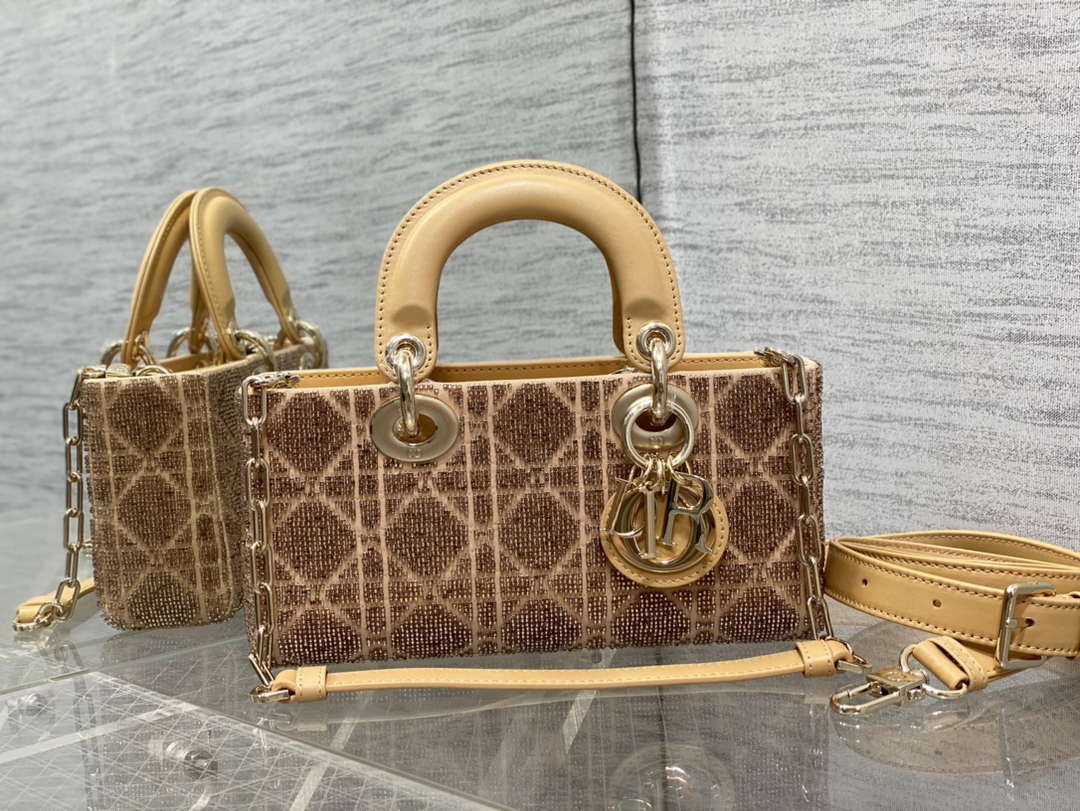 Dior M0613 Small Lady D-joy Bag Cannage Lambskin Limited Edition Heavy Industry Beads Apricot - Default Title - View 1