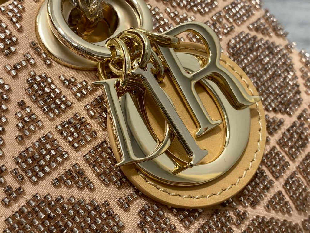 Dior M0613 Small Lady D-joy Bag Cannage Lambskin Limited Edition Heavy Industry Beads Apricot