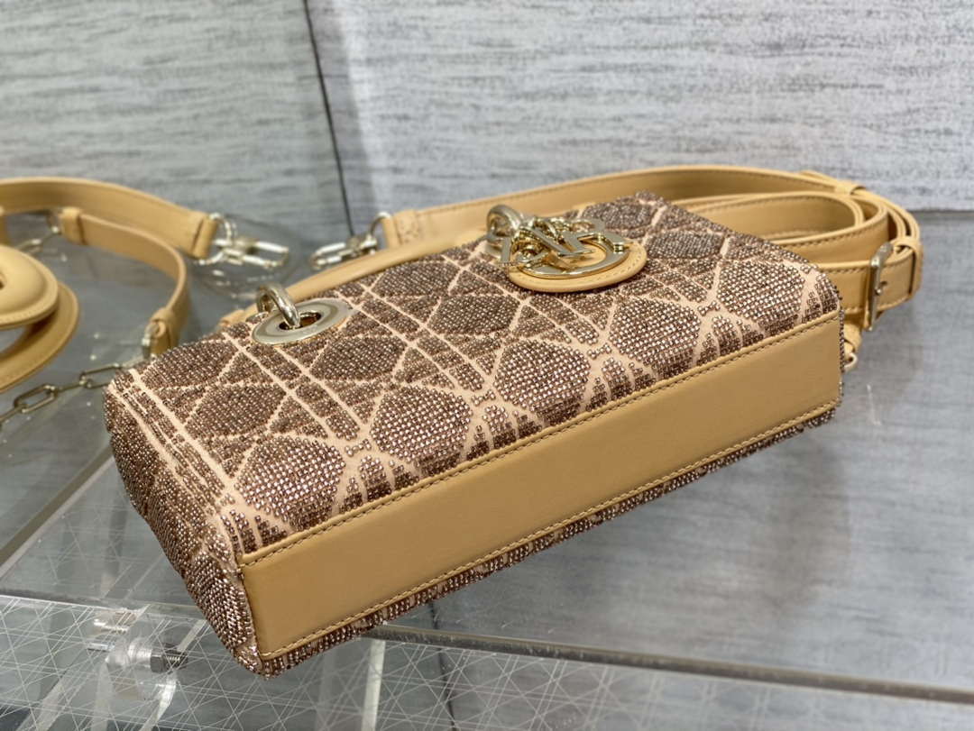 Dior M0613 Small Lady D-joy Bag Cannage Lambskin Limited Edition Heavy Industry Beads Apricot