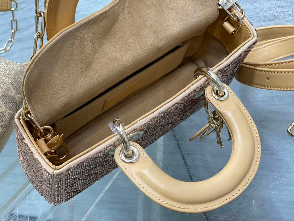 Dior M0613 Small Lady D-joy Bag Cannage Lambskin Limited Edition Heavy Industry Beads Apricot