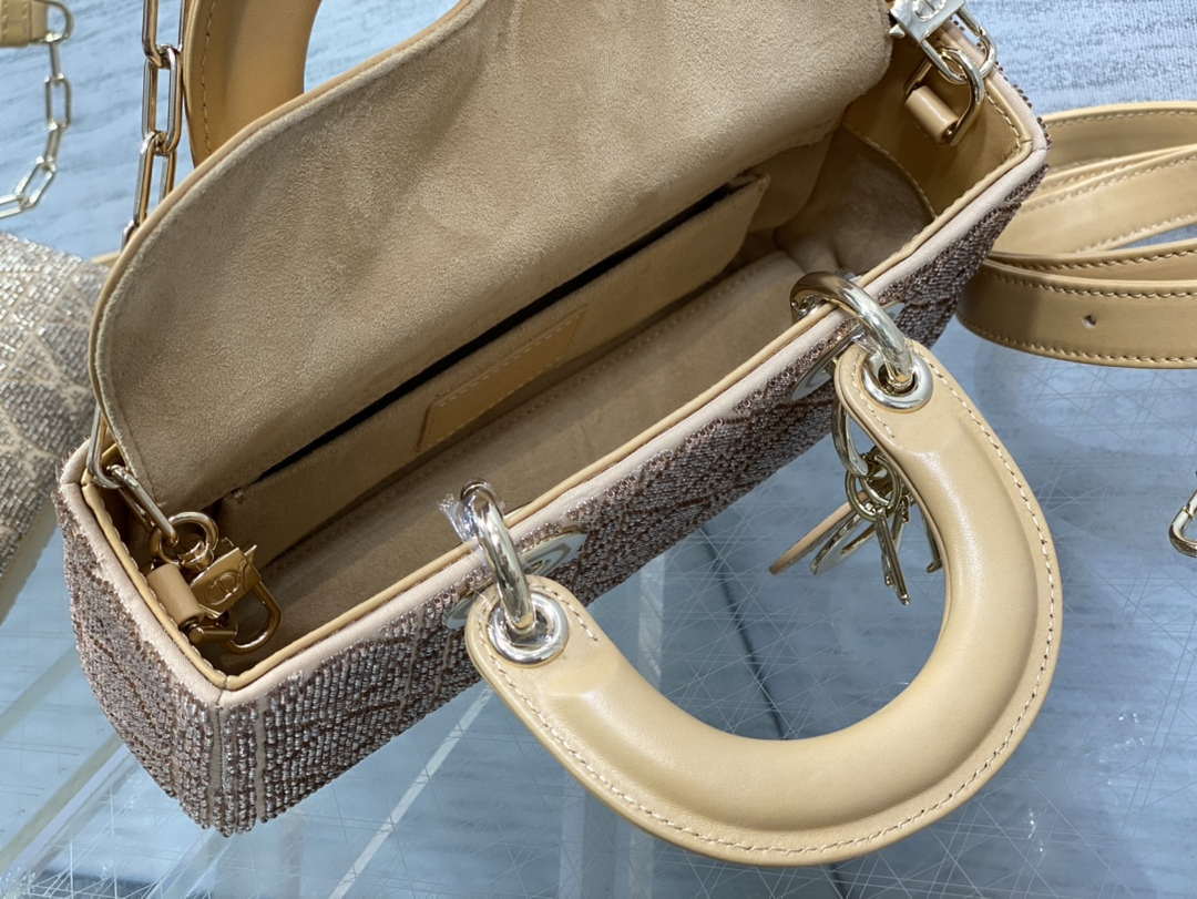 Dior M0613 Small Lady D-joy Bag Cannage Lambskin Limited Edition Heavy Industry Beads Apricot - Default Title - View 8