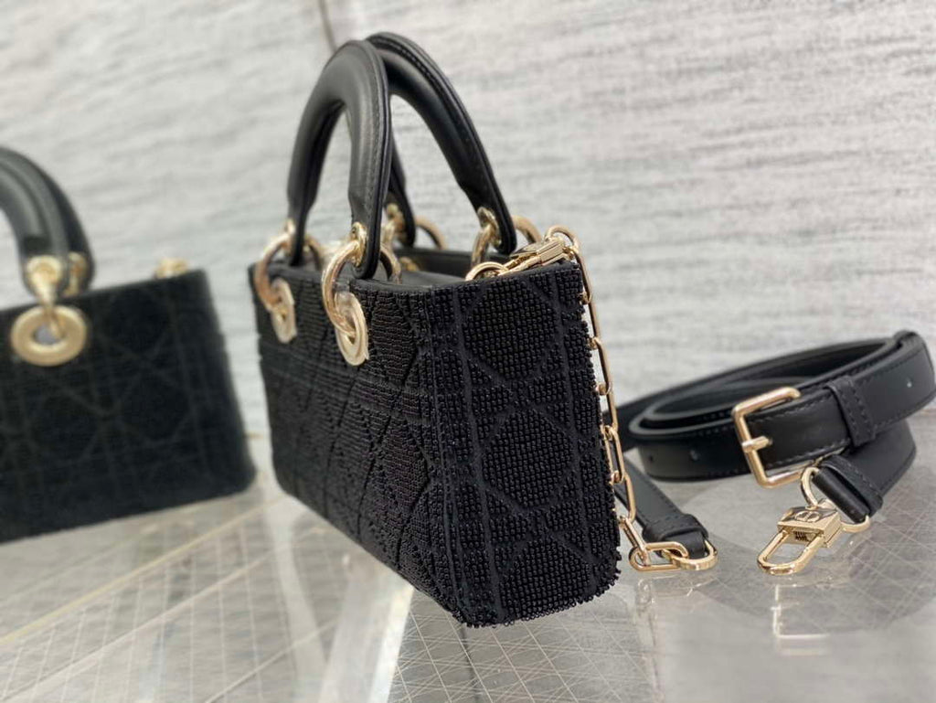 Dior M0613 Small Lady D-joy Bag Cannage Lambskin Limited Edition Heavy Industry Beads Black
