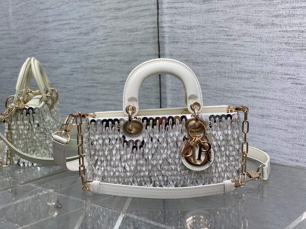 Dior M0613 Small Lady D-joy Bag Cannage Lambskin Limited Edition D-Joy Bag  Black Fabric Embroidered with Glass-Bead Fringe White