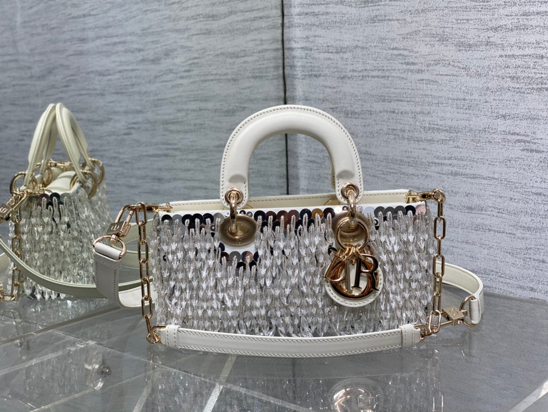 Dior M0613 Small Lady D-joy Bag Cannage Lambskin Limited Edition D-Joy Bag  Black Fabric Embroidered with Glass-Bead Fringe White - Default Title - View 1