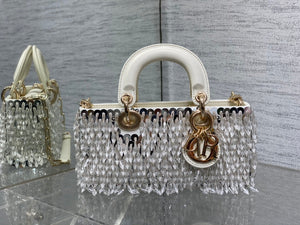 Dior M0613 Small Lady D-joy Bag Cannage Lambskin Limited Edition D-Joy Bag  Black Fabric Embroidered with Glass-Bead Fringe White - Default Title - View 2