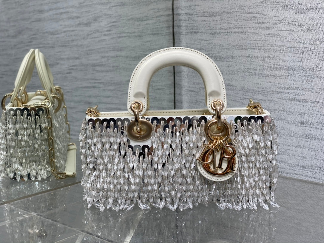 Dior M0613 Small Lady D-joy Bag Cannage Lambskin Limited Edition D-Joy Bag  Black Fabric Embroidered with Glass-Bead Fringe White