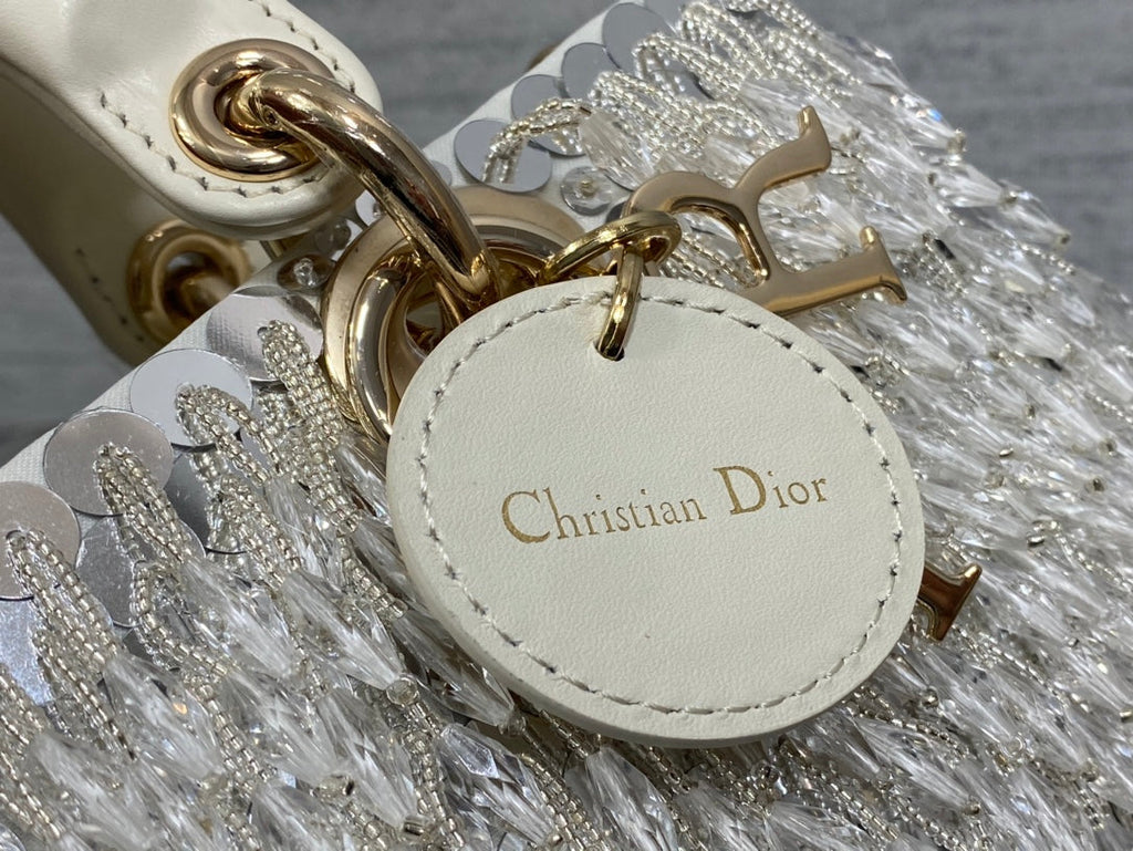Dior M0613 Small Lady D-joy Bag Cannage Lambskin Limited Edition D-Joy Bag  Black Fabric Embroidered with Glass-Bead Fringe White