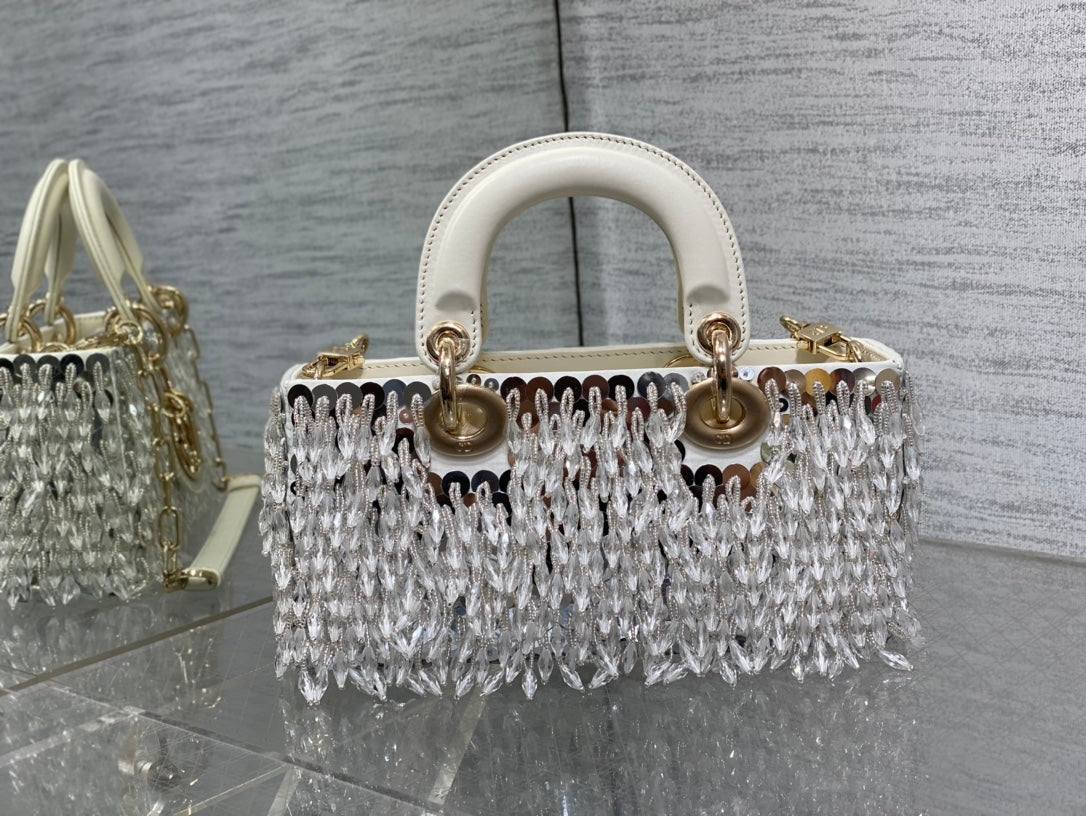 Dior M0613 Small Lady D-joy Bag Cannage Lambskin Limited Edition D-Joy Bag  Black Fabric Embroidered with Glass-Bead Fringe White