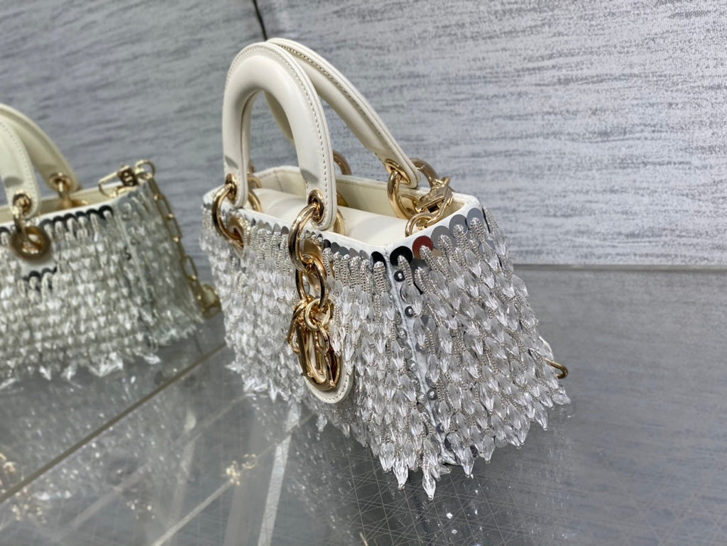 Dior M0613 Small Lady D-joy Bag Cannage Lambskin Limited Edition D-Joy Bag  Black Fabric Embroidered with Glass-Bead Fringe White