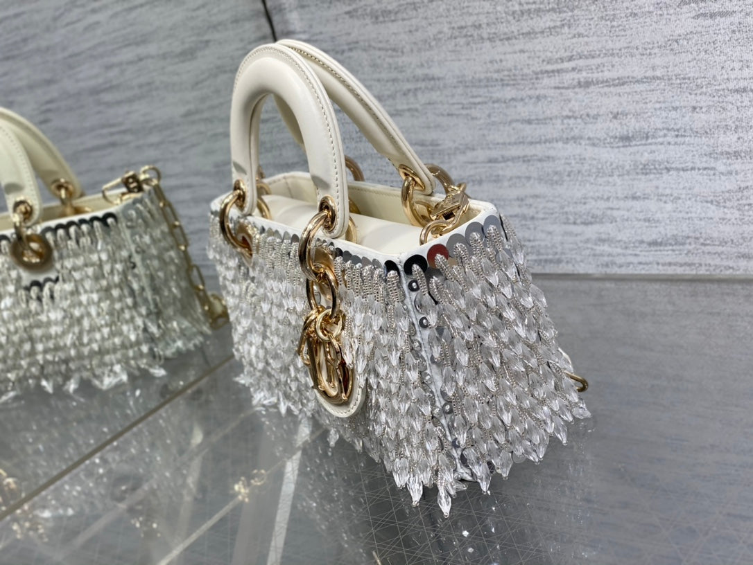 Dior M0613 Small Lady D-joy Bag Cannage Lambskin Limited Edition D-Joy Bag  Black Fabric Embroidered with Glass-Bead Fringe White