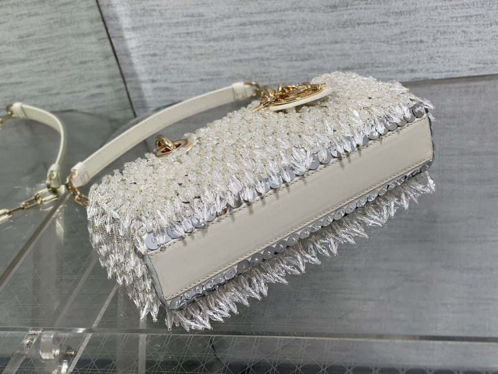 Dior M0613 Small Lady D-joy Bag Cannage Lambskin Limited Edition D-Joy Bag  Black Fabric Embroidered with Glass-Bead Fringe White