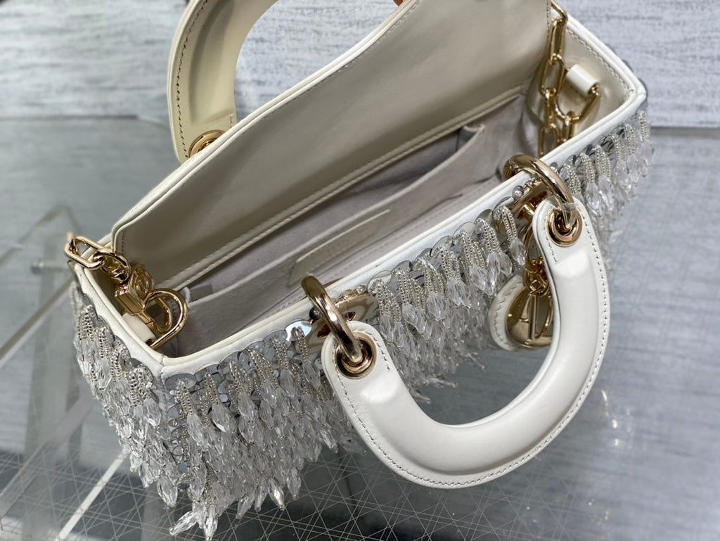 Dior M0613 Small Lady D-joy Bag Cannage Lambskin Limited Edition D-Joy Bag  Black Fabric Embroidered with Glass-Bead Fringe White