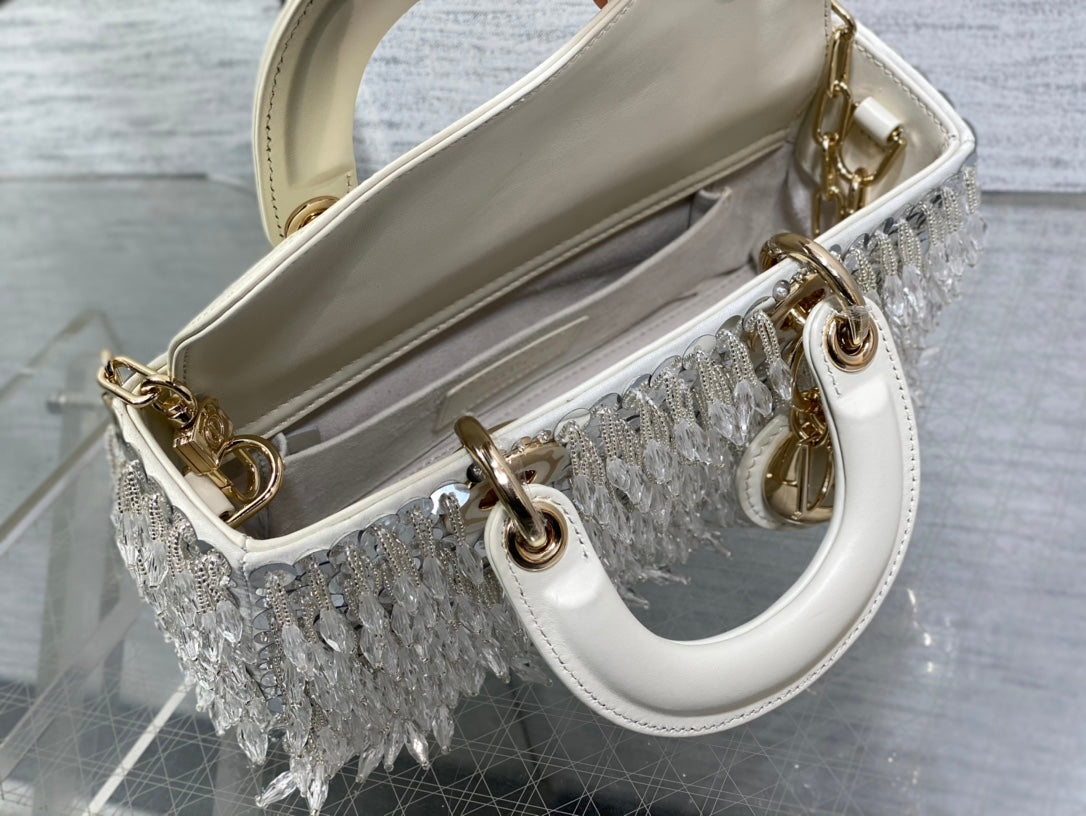 Dior M0613 Small Lady D-joy Bag Cannage Lambskin Limited Edition D-Joy Bag  Black Fabric Embroidered with Glass-Bead Fringe White