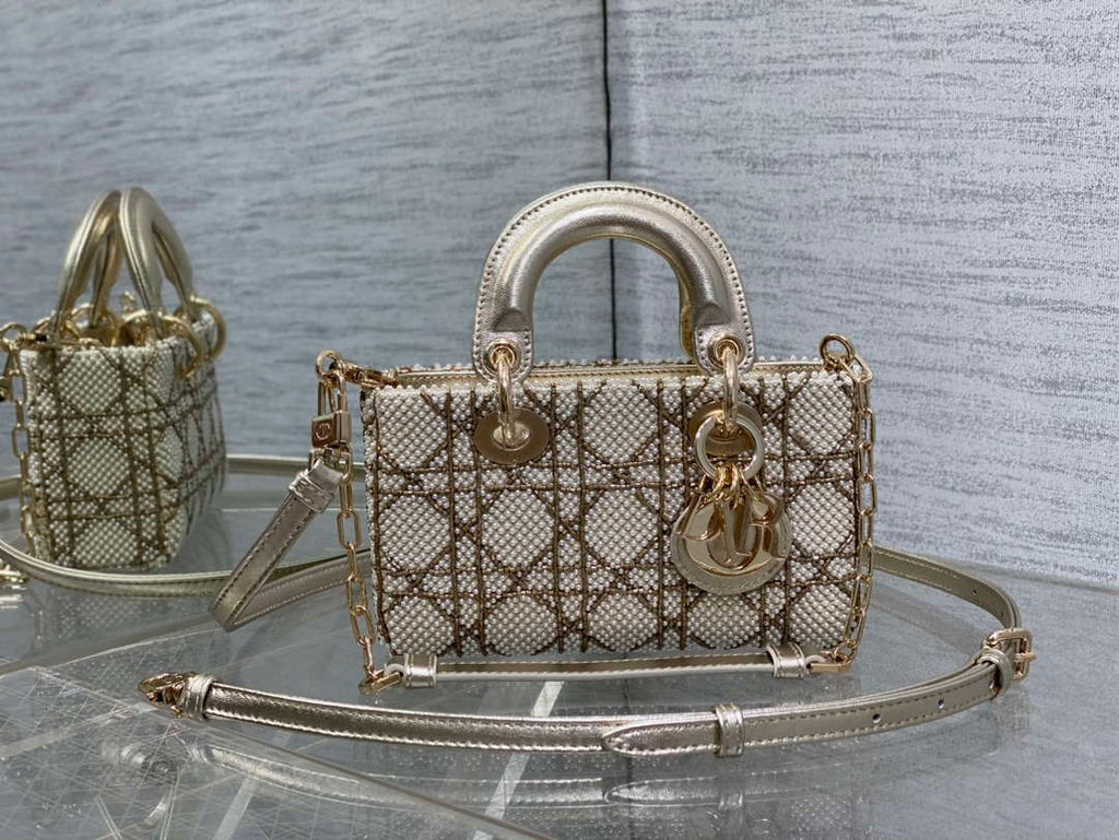 Dior M0613 Small Lady D-joy Bag Gold Cannage Lambskin Limited Edition Pearl