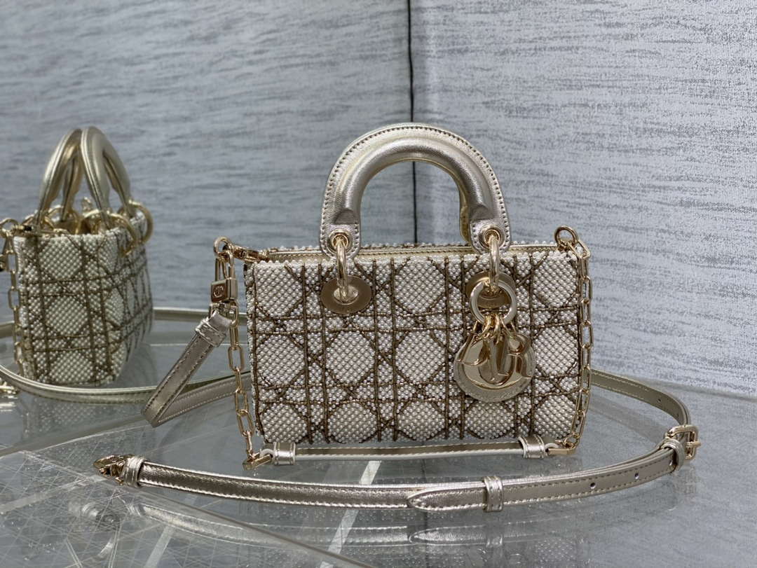 Dior M0613 Small Lady D-joy Bag Gold Cannage Lambskin Limited Edition Pearl