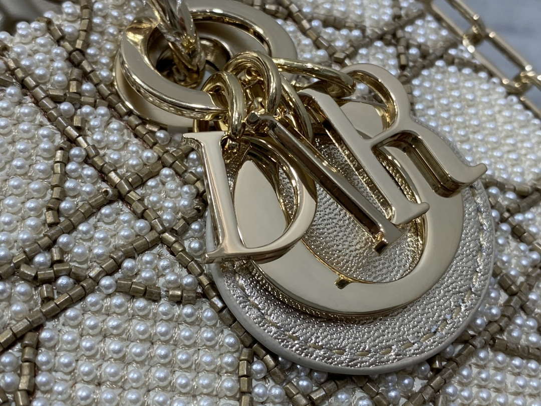 Dior M0613 Small Lady D-joy Bag Gold Cannage Lambskin Limited Edition Pearl