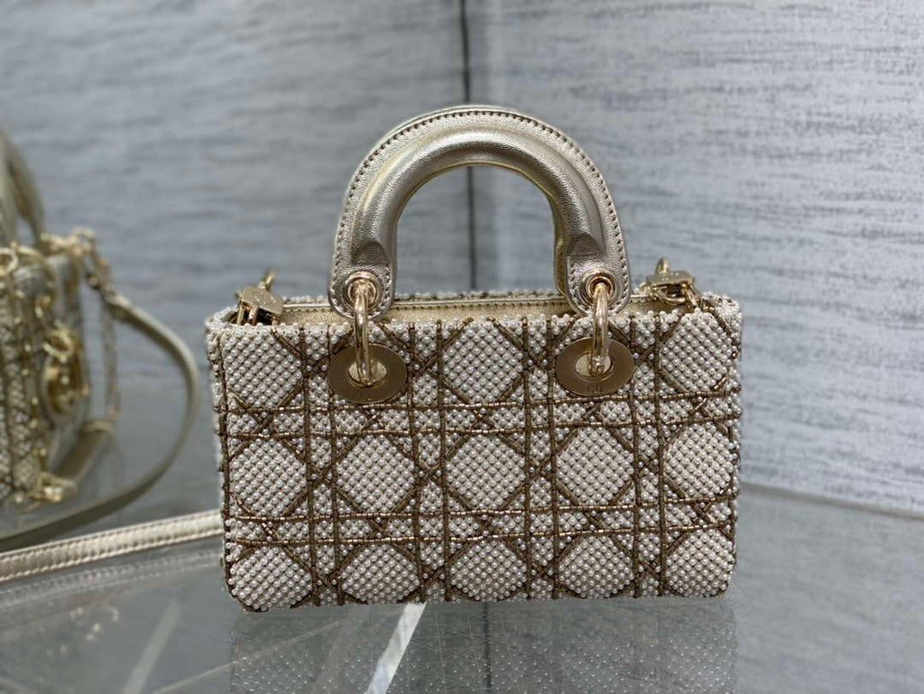 Dior M0613 Small Lady D-joy Bag Gold Cannage Lambskin Limited Edition Pearl