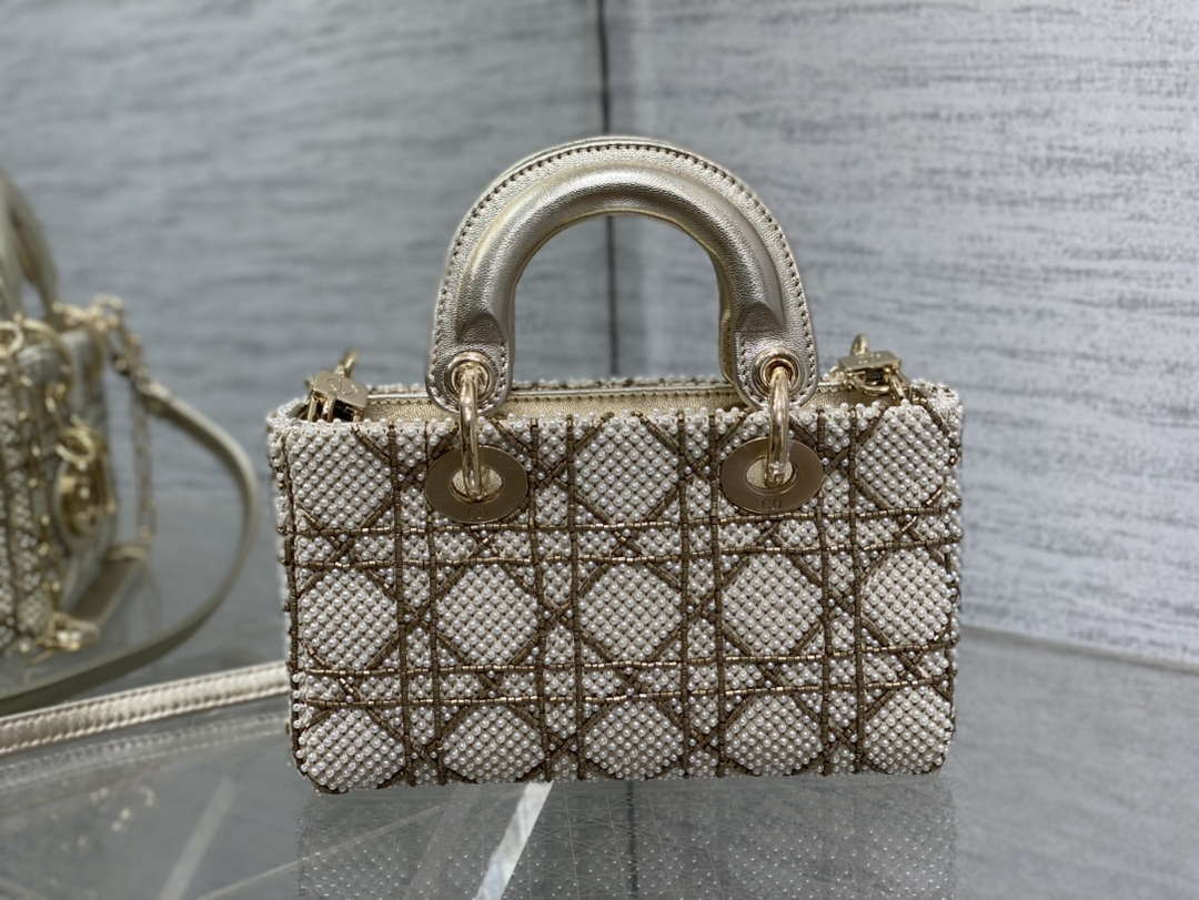 Dior M0613 Small Lady D-joy Bag Gold Cannage Lambskin Limited Edition Pearl