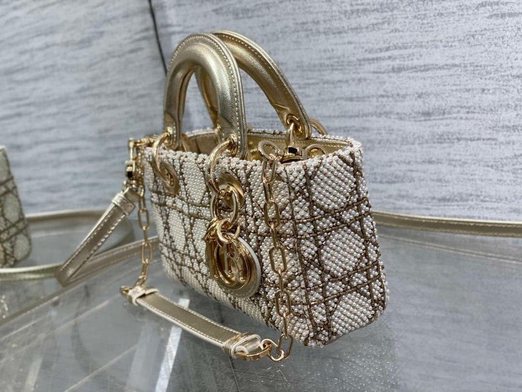 Dior M0613 Small Lady D-joy Bag Gold Cannage Lambskin Limited Edition Pearl
