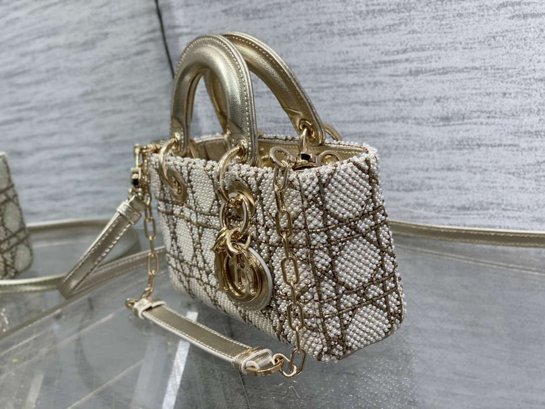 Dior M0613 Small Lady D-joy Bag Gold Cannage Lambskin Limited Edition Pearl