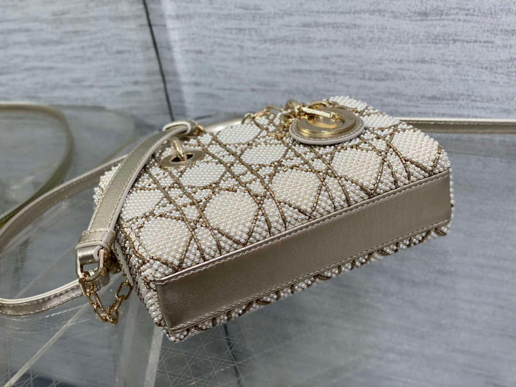 Dior M0613 Small Lady D-joy Bag Gold Cannage Lambskin Limited Edition Pearl