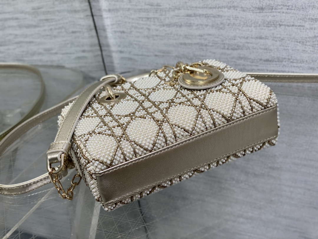 Dior M0613 Small Lady D-joy Bag Gold Cannage Lambskin Limited Edition Pearl