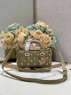 Dior M0613 Small Lady D-joy Bag Green Cannage Lambskin with Gold-Finish Butterfly Studs - Default Title - View 1