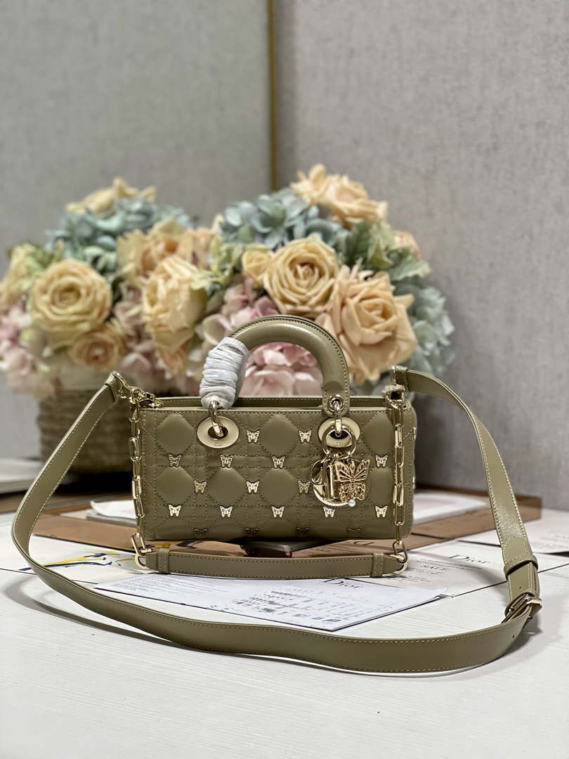Dior M0613 Small Lady D-joy Bag Green Cannage Lambskin with Gold-Finish Butterfly Studs - Default Title - View 1