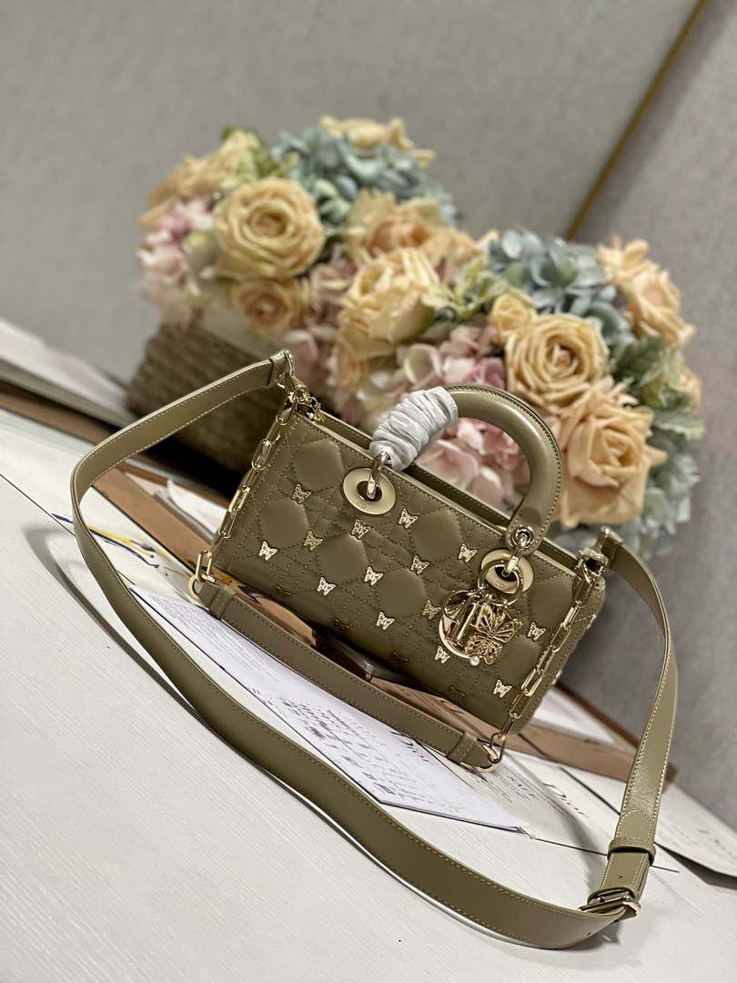 Dior M0613 Small Lady D-joy Bag Green Cannage Lambskin with Gold-Finish Butterfly Studs - Default Title - View 2