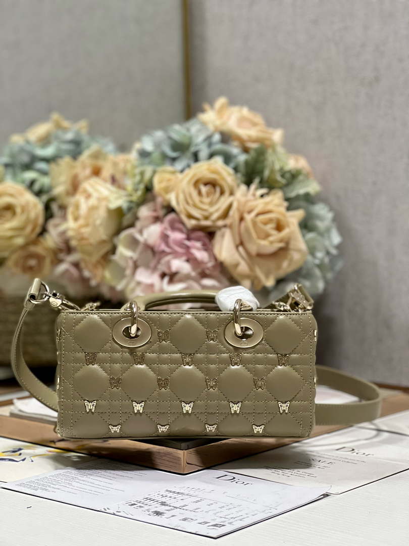 Dior M0613 Small Lady D-joy Bag Green Cannage Lambskin with Gold-Finish Butterfly Studs