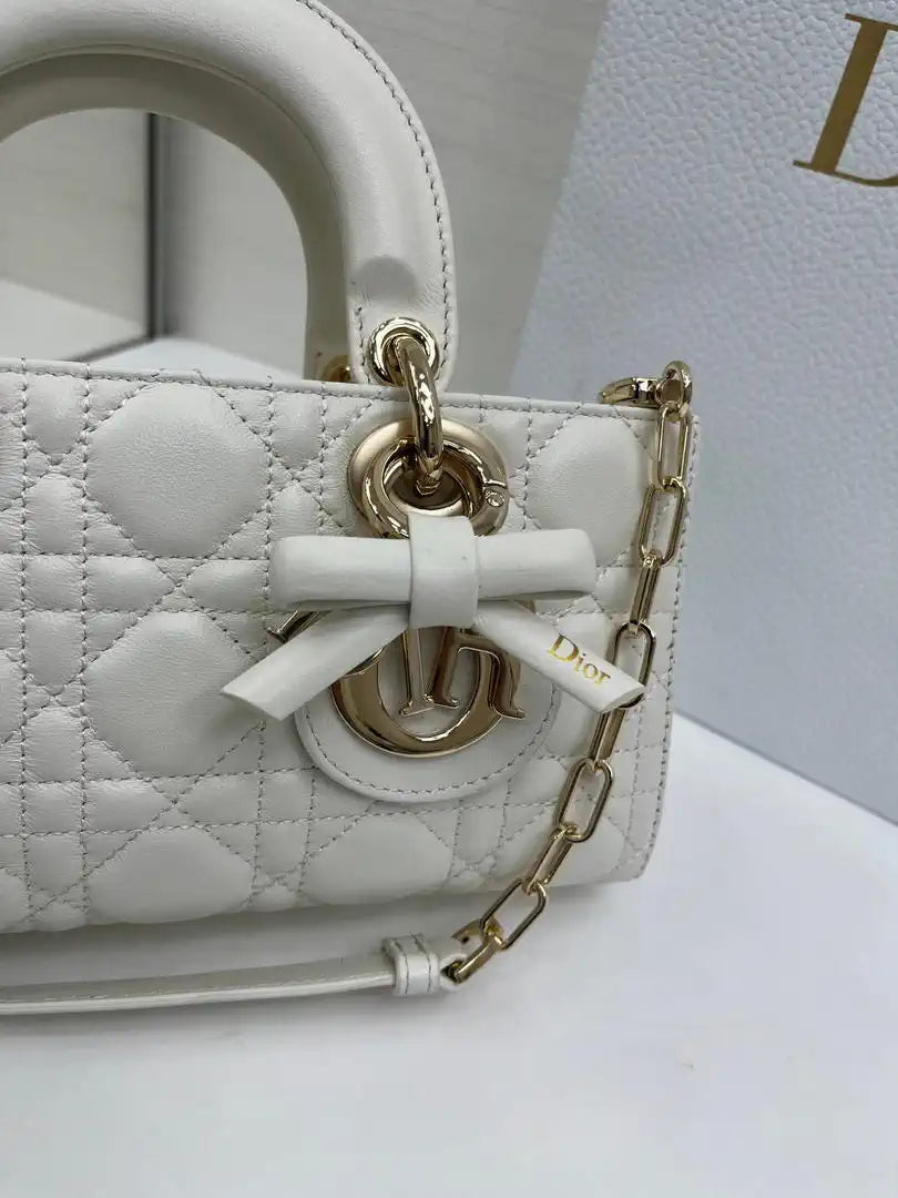 Dior M0613 Small Lady D-joy Bag White Cannage Lambskin With bow