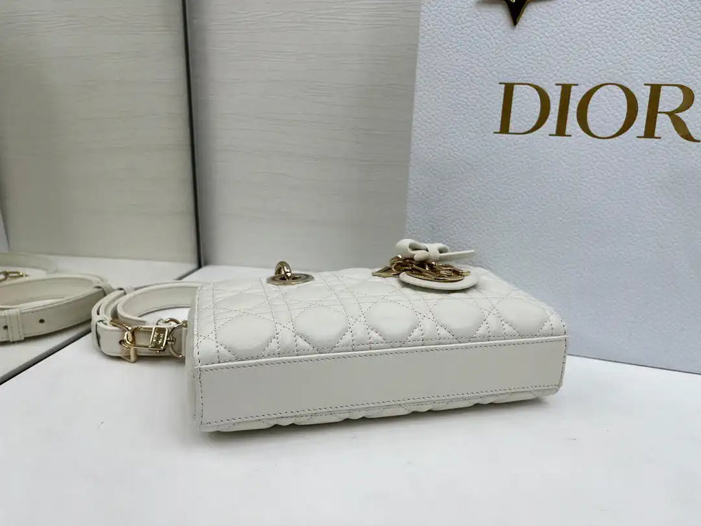 Dior M0613 Small Lady D-joy Bag White Cannage Lambskin With bow
