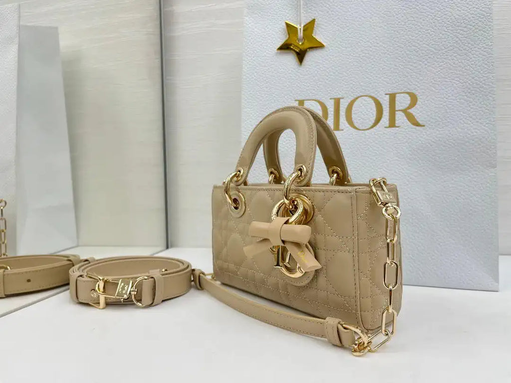Dior M0613 Small Lady D-joy Bag Apricot Cannage Lambskin With bow