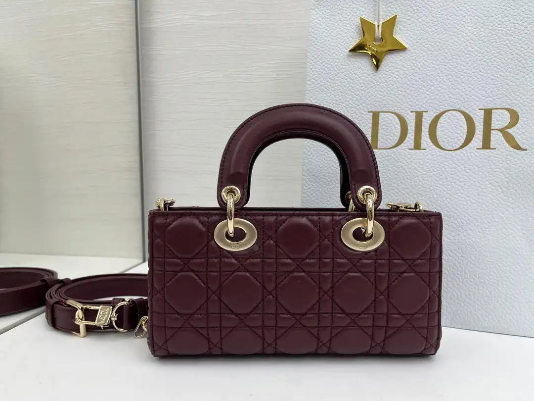 Dior M0613 Small Lady D-joy Bag Wine Red Cannage Lambskin With bow