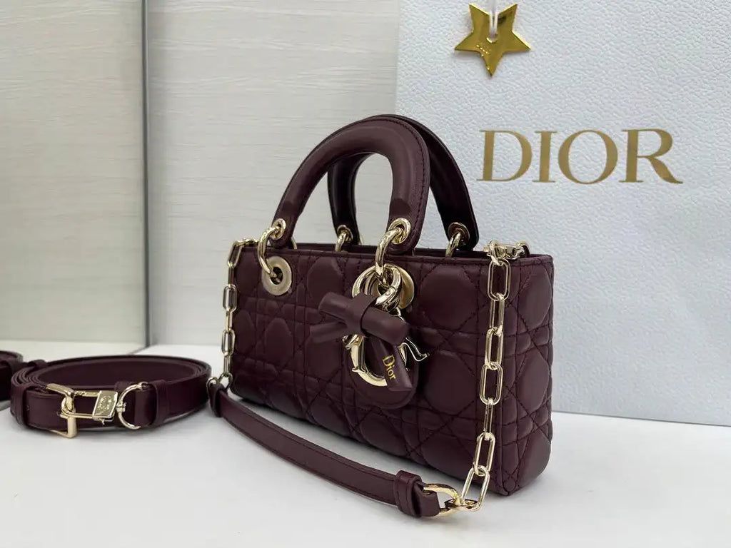 Dior M0613 Small Lady D-joy Bag Wine Red Cannage Lambskin With bow