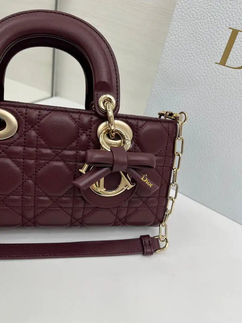 Dior M0613 Small Lady D-joy Bag Wine Red Cannage Lambskin With bow
