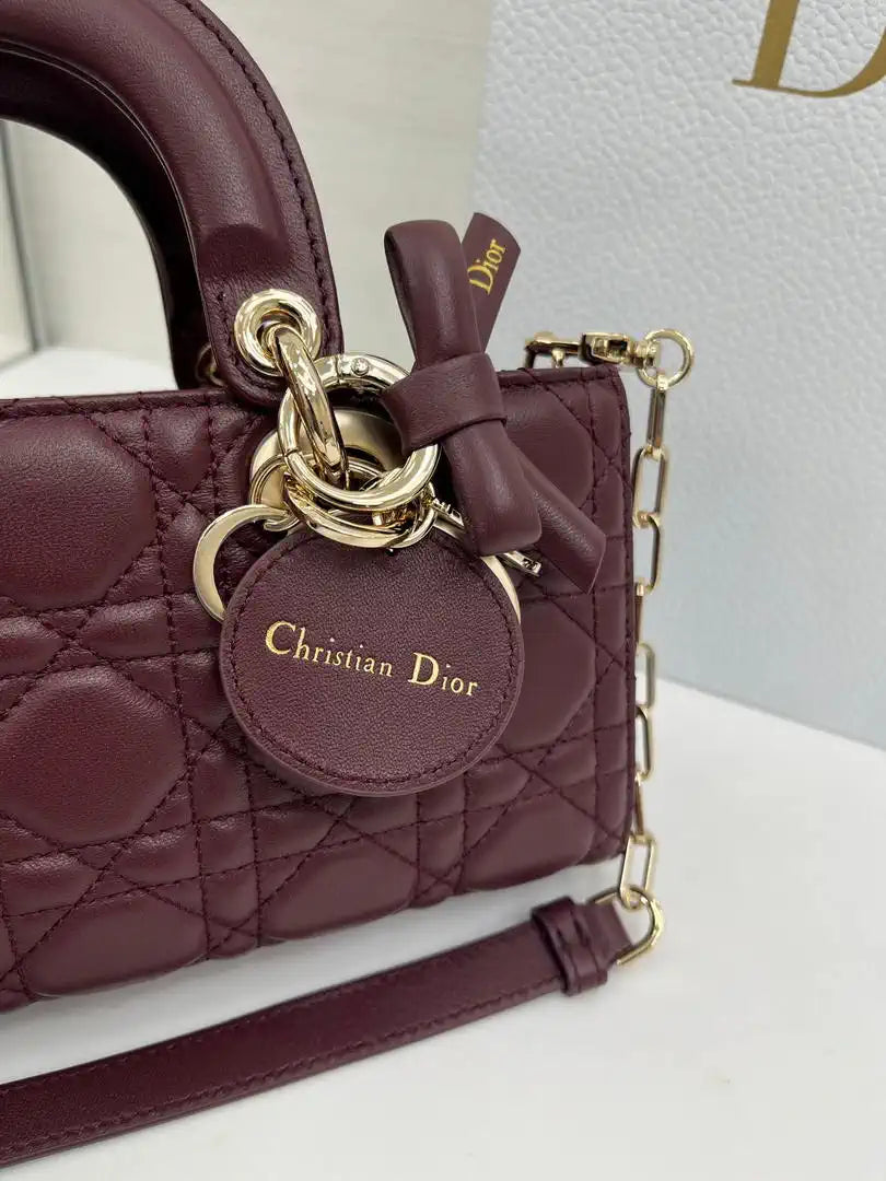 Dior M0613 Small Lady D-joy Bag Wine Red Cannage Lambskin With bow