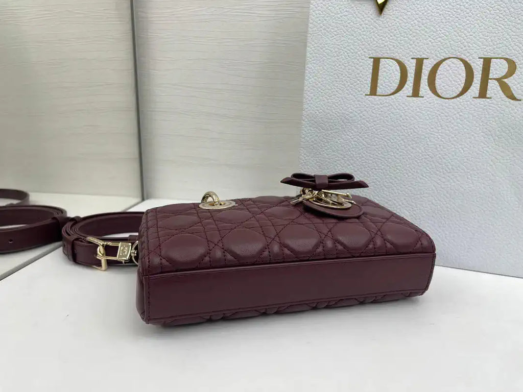 Dior M0613 Small Lady D-joy Bag Wine Red Cannage Lambskin With bow
