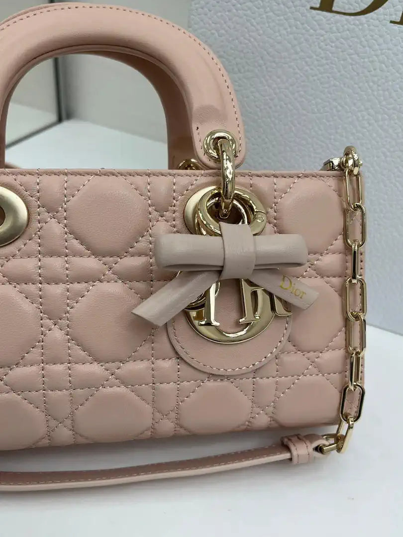 Dior M0613 Small Lady D-joy Bag Pink Cannage Lambskin With bow