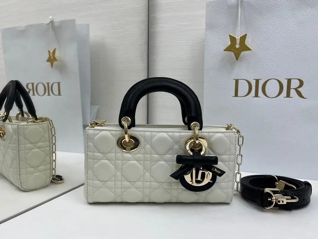 Dior M0613 Small Lady D-joy Bag White Cannage Lambskin With Black bow