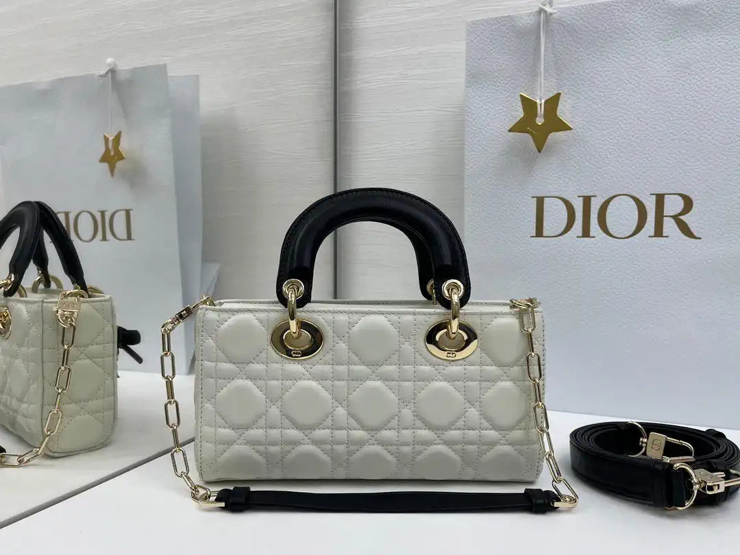 Dior M0613 Small Lady D-joy Bag White Cannage Lambskin With Black bow