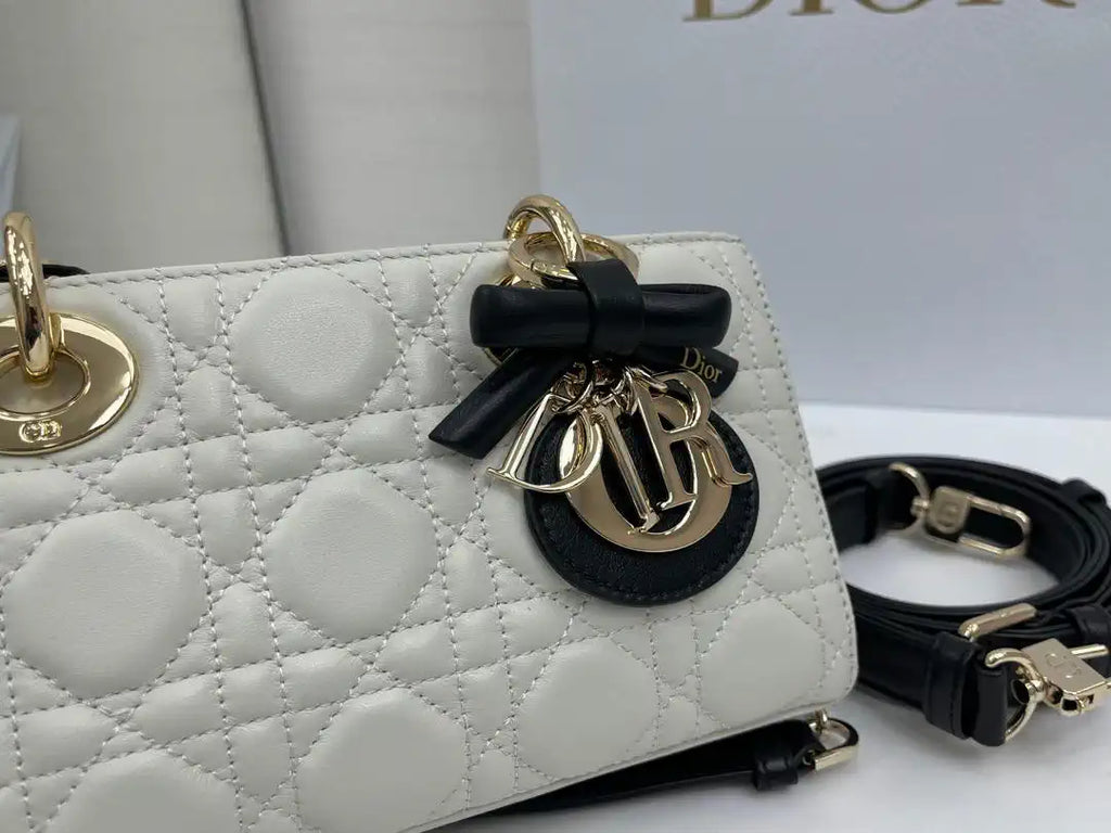 Dior M0613 Small Lady D-joy Bag White Cannage Lambskin With Black bow